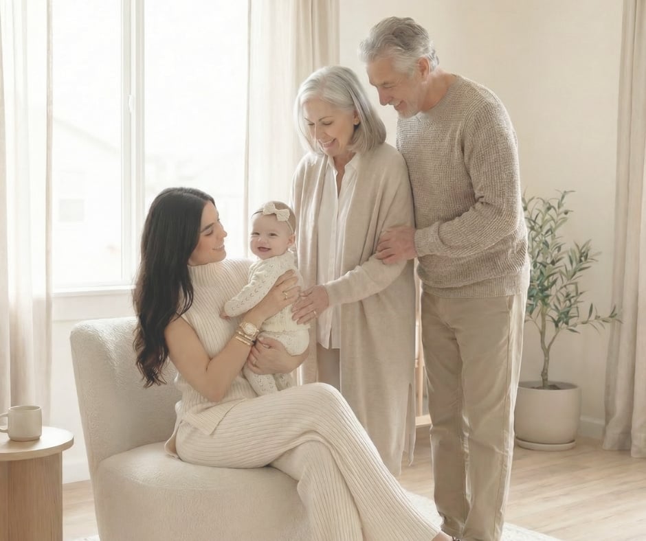 A multi-generational family sharing a warm moment in a luxury, minimalist living room, featuring a mother holding a smiling baby alongside the grandparents. A multi-generational family sharing a warm moment in a luxury, minimalist living room, featuring a mother holding a smiling baby alongside the grandparents.